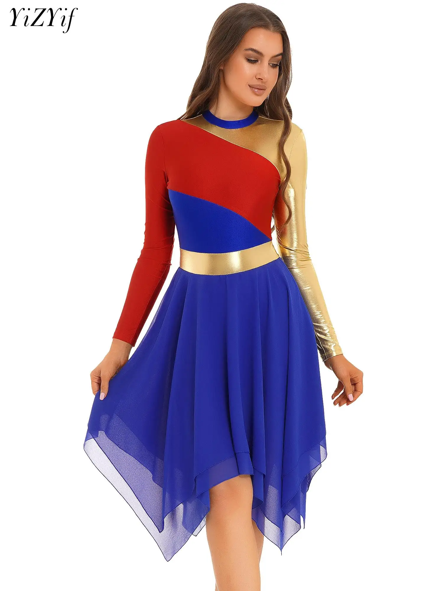 

Womens Long Sleeve Color Block Shiny Metallic Patchwork Irregular Tulle Dress Ballet Lyrical Dance Performance Costume Dancewear