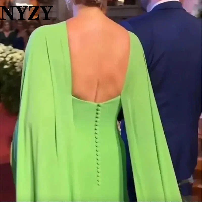 NYZY M425 Green Evening Gowns Chiffon Cape Cloak Sleeves Wedding Party Mother of the Bride Groom Dresses