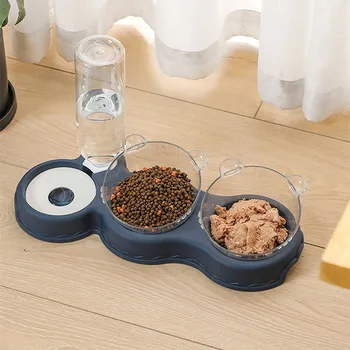 Pet Cat Automatic Feeder Plastic 3-in-1 Dog Food Bowl Double Bowls Automatic Water Reservoir Drinker Cat Feeding Accessories 3