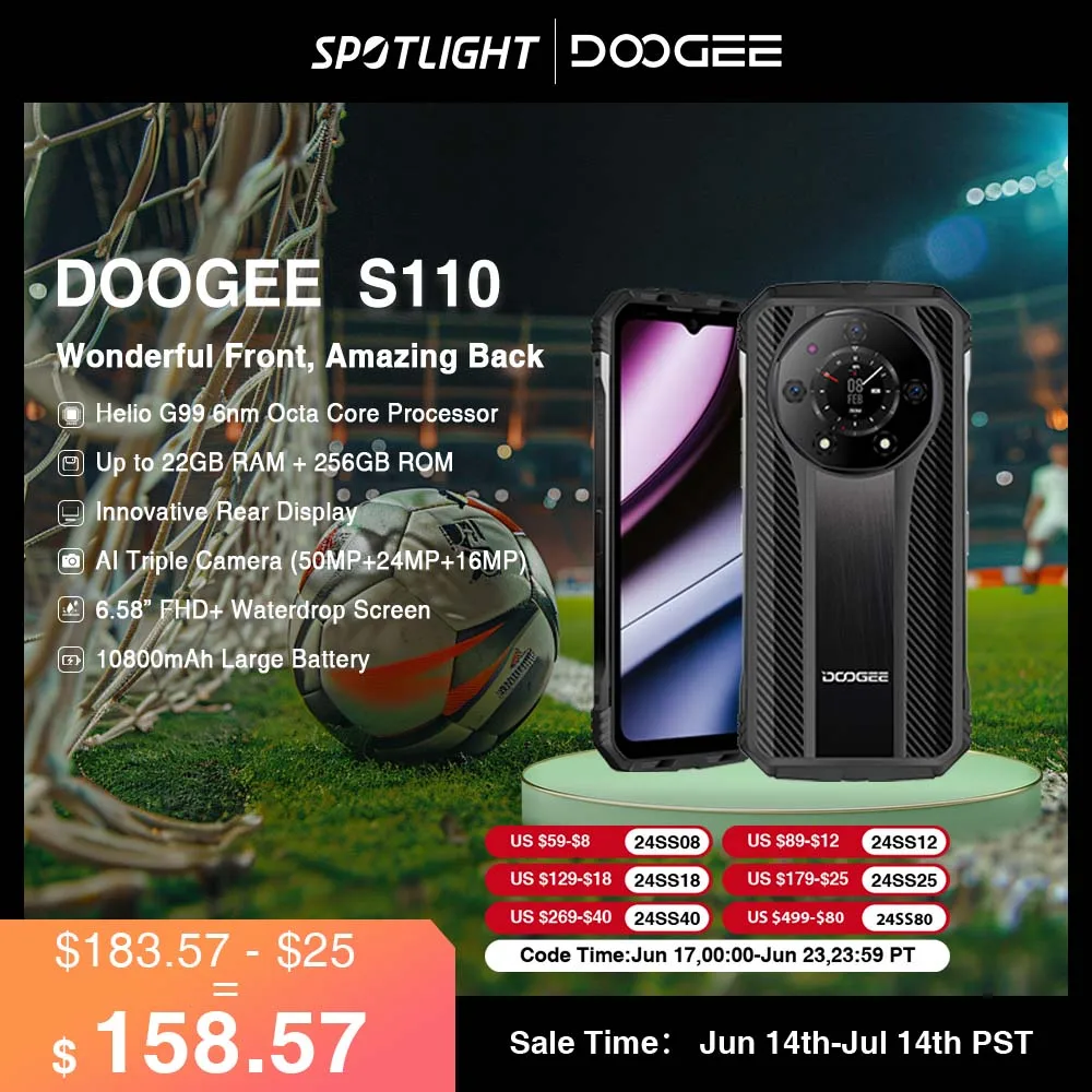 DOOGEE S110 견고한 후면 디스플레이, 6.58 인치 FHD 물방울 스크린, 헬리오 G99 옥타 코어, 66W 고속 충전, 10800mAh 배터리, 12GB + 256GB 
