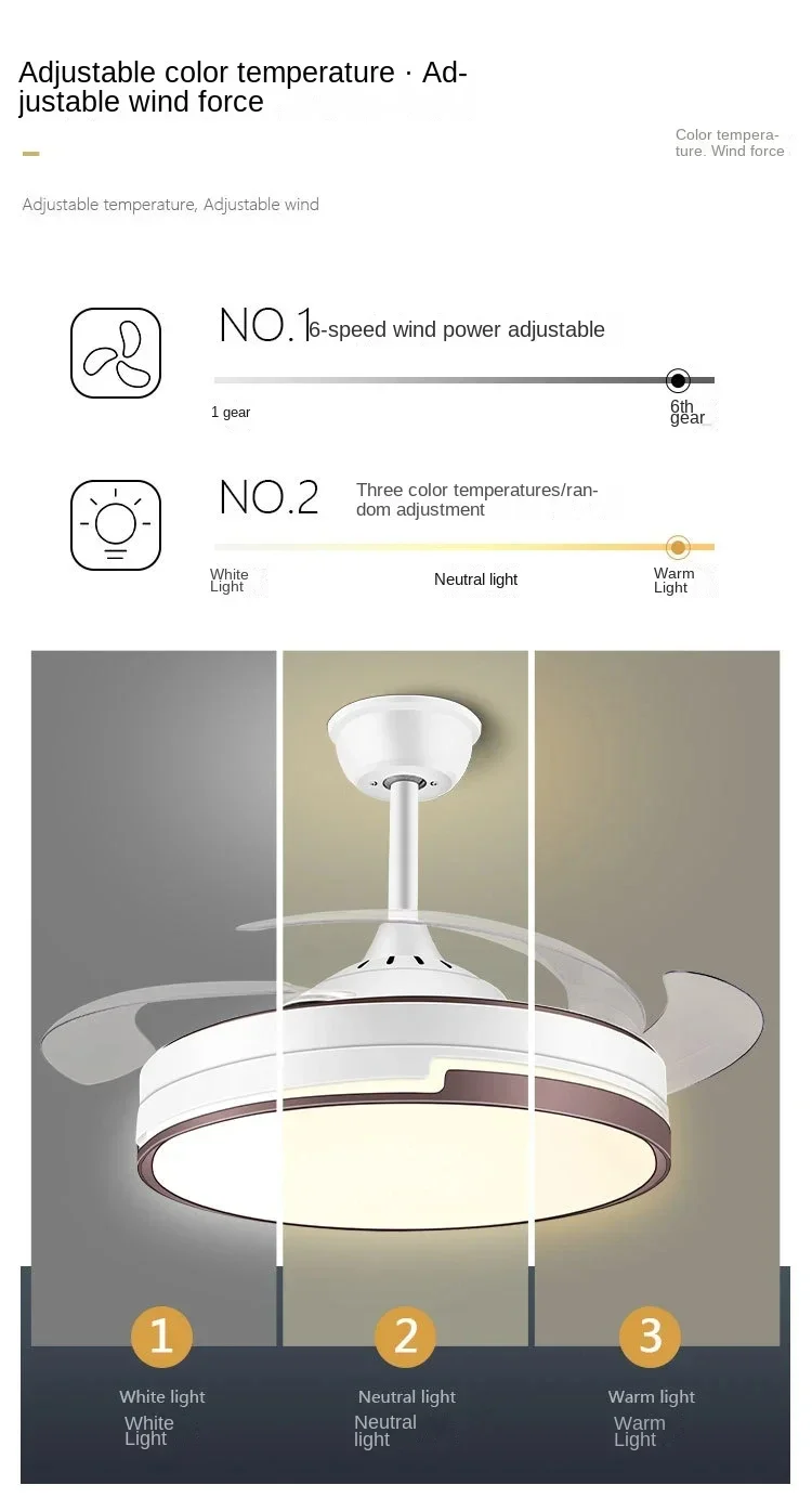 All copper Led Ceiling Fan With Energy-saving Lighting, Modern Style Living Room Invisible Ceiling Fan, Household 6-speed Variab