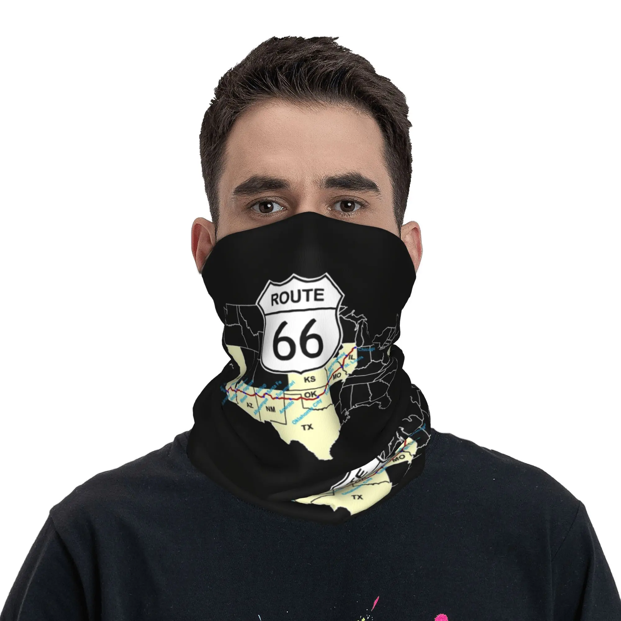 Route 66 USA Highway Bandana Neck Gaiter UV Protection Face Scarf Cover Map Headwear Tube Balaclava