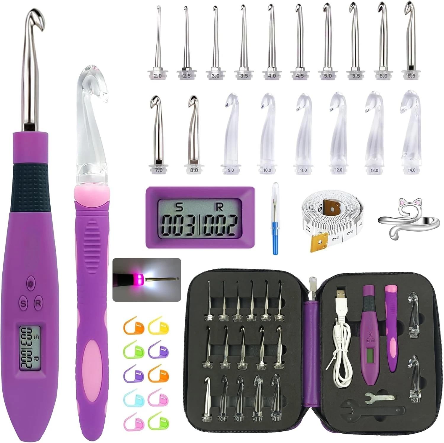 Ensemble De Crochets Ergonomiques Avec LED Et Compteur De Points Numerique Kit Avec 12 Aiguilles Interchangeables Pour Crochet