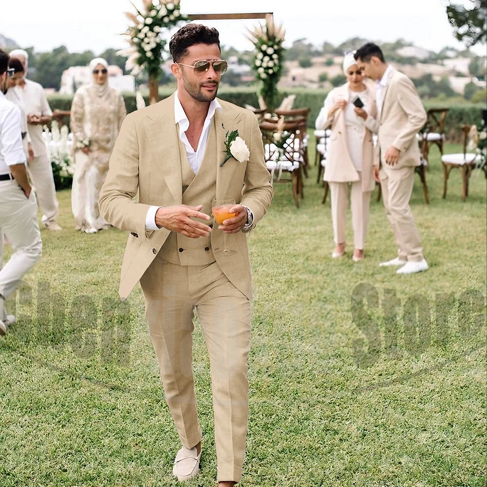Completo Da Uomo In Lino Slim Fit 2 Pezzi, Blazer Con Bavero A Punta E Pantaloni, Abito Da Sposa Per Matrimonio In Spiaggia, Estivo