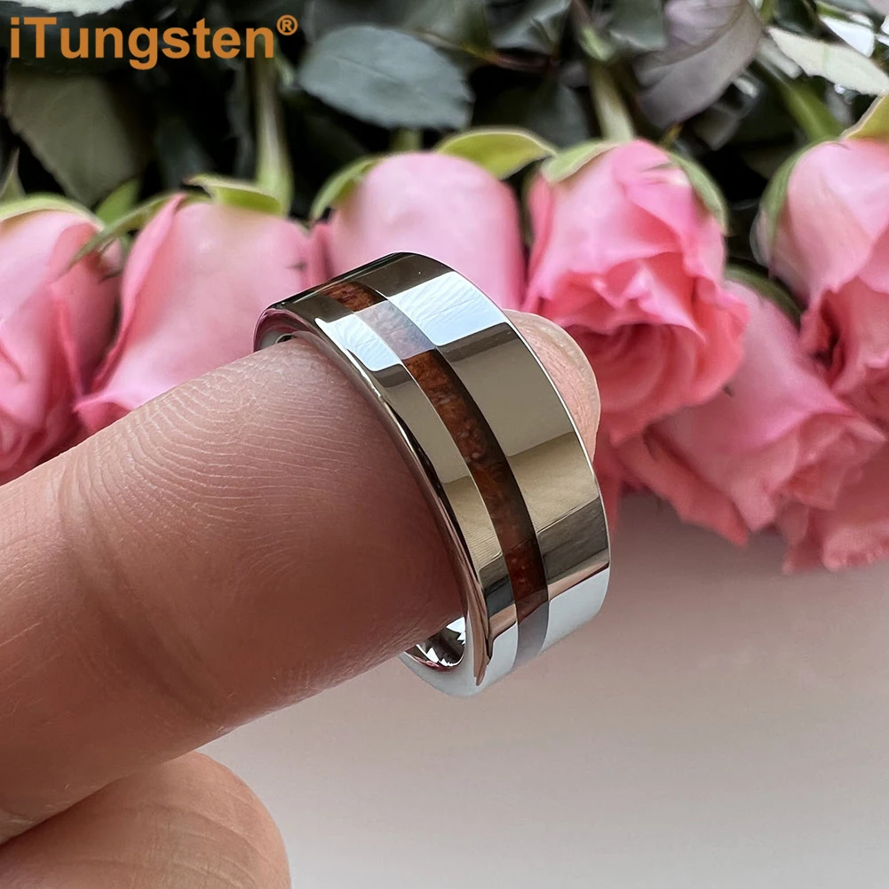 iTungsten 8mm Men Women Classic Tungsten Carbide Ring Flat Wedding Band With Real Wood Inlay Comfort Fit 4
