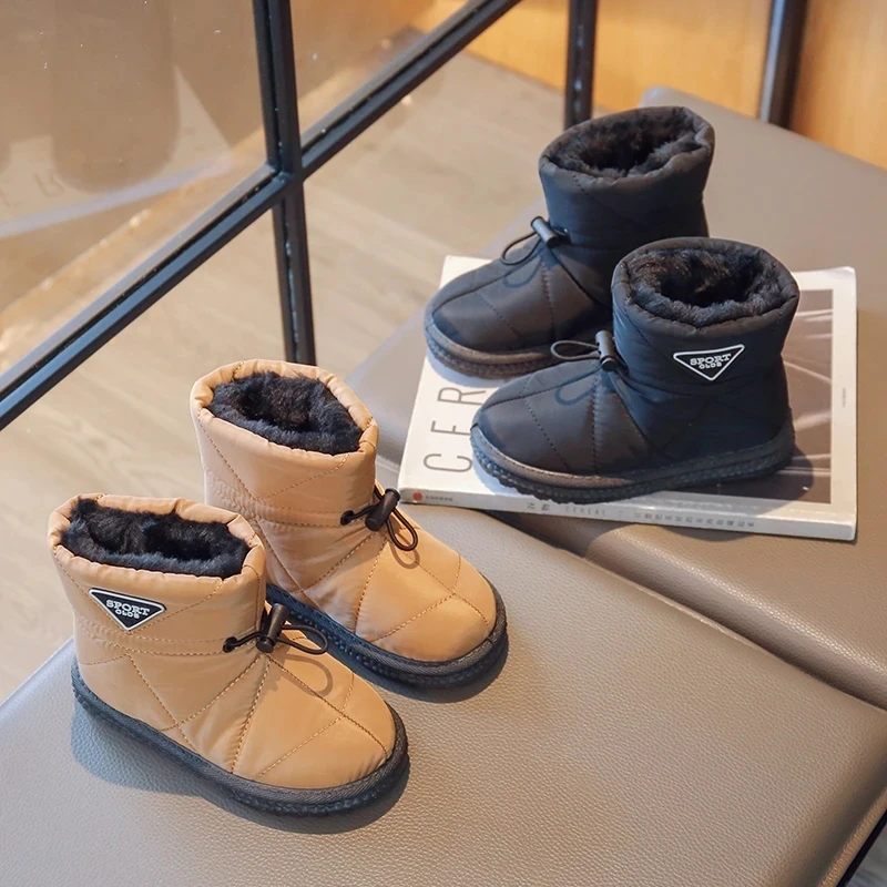 

Winter Kids Snow Boots Thick Fur Morden Sewing Elastic Band Children Boot Flat Black Brown Non-slip Warm 26-37 Boys Girls Shoes