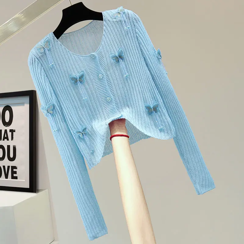 

Вязаный кардиган для женщин, новинка 2024, летняя одежда, тонкий Открытый Топ с воротником, вязаная воздухопроницаемая рубашка с длинными рукавами L141