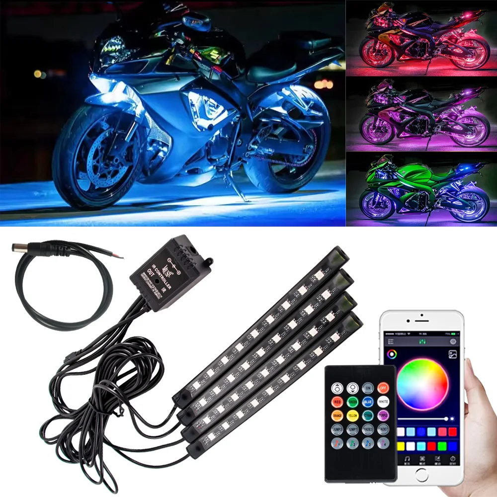 LED Atmosphere Light LED Motorcycle Car Atmosphere Foot Light RGB APP Remote Control Flexible Waterproof Remote Sound 12V Moto Decorative Lamp Strips
