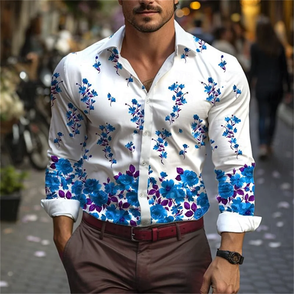thumbnail image 1 of Camisas casuales con estampado floral para hombre, para exteriores, calle, suaves y cómodas, para uso diario, con solapa, para otoño, camisas de gran tamaño, 1 of 5