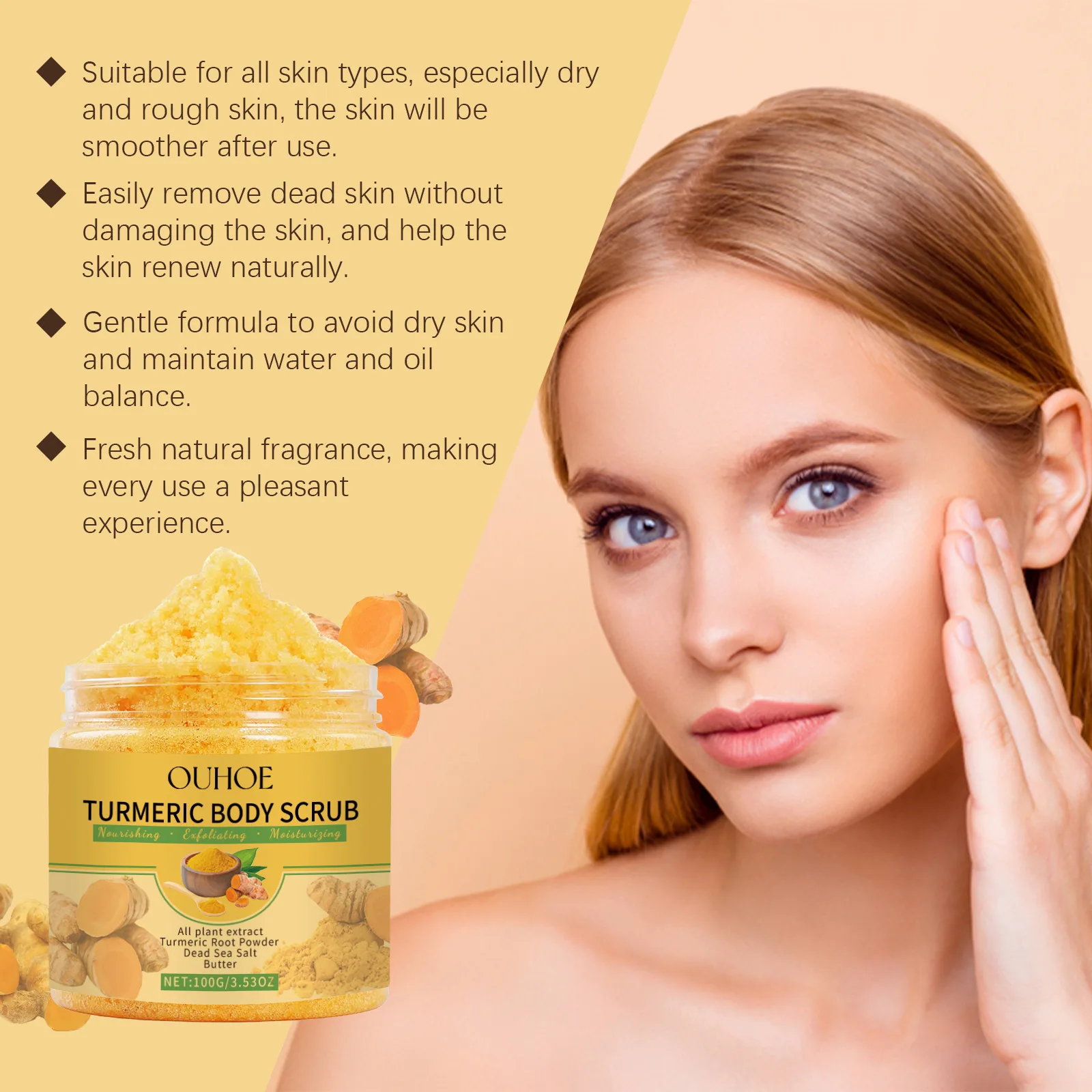 Turmeric Body Scrub for Women Men Lightening Exfoliate Remove Dead Skin Pore Cleansing Dark Inner Moisturising Smooth Skin Care 6