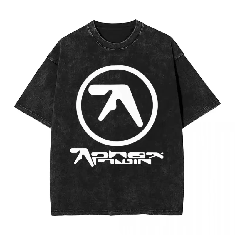 T-Shirt Aphex Twin Washed Black Print Baumwolle Grafik Übergroße koreanische Mode Kurzarm Tops T-Shirts Y2k für Männer Frauen T-Shirt – Detail 4