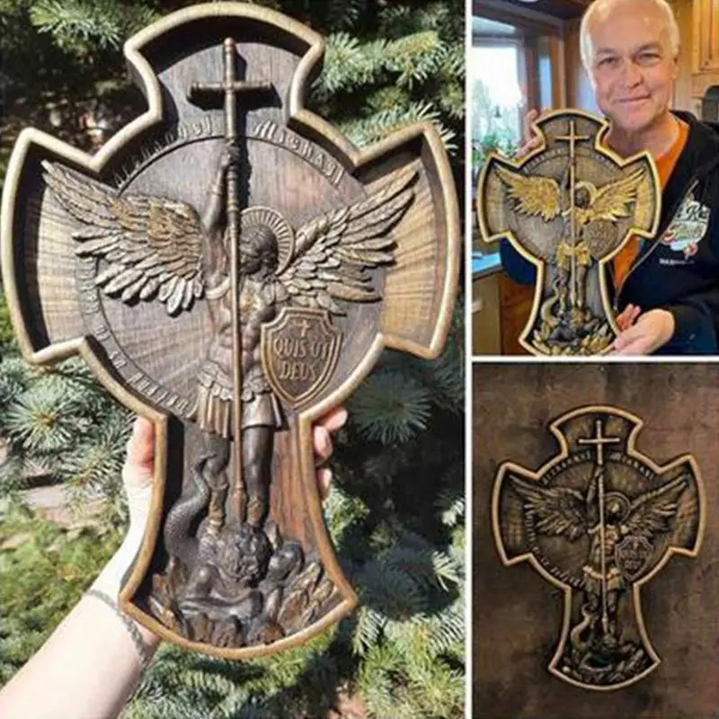 

Cross Angel Statue The Great Protector Saint Michael Archangel Resin Figurines Wall Decorations Collectible Battle for Home