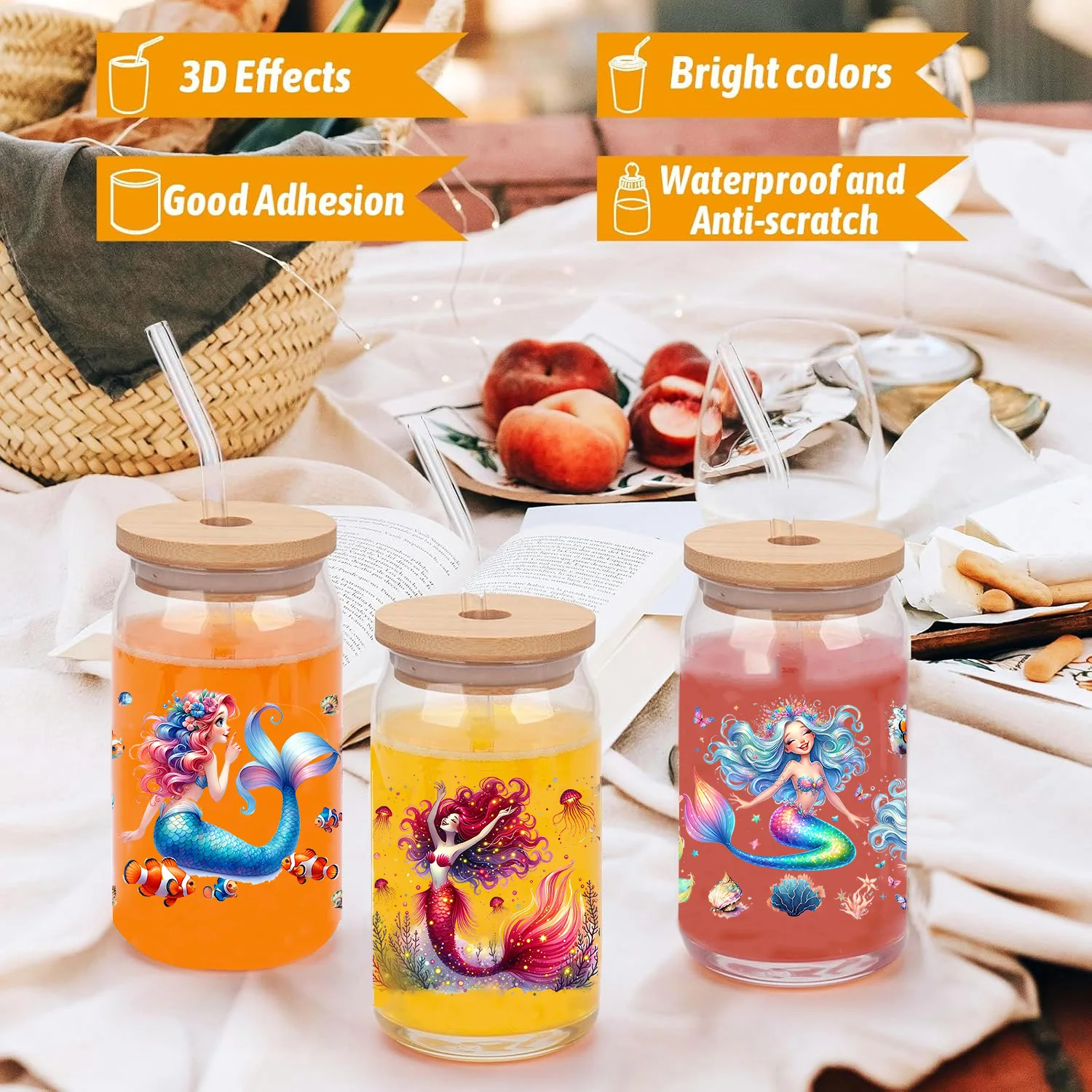 Colorful mermaid peel waterproof DIY Decals 3D transfers uvdtf crystal stickers 16oz uv dtf cup wraps for Libbey Glasses