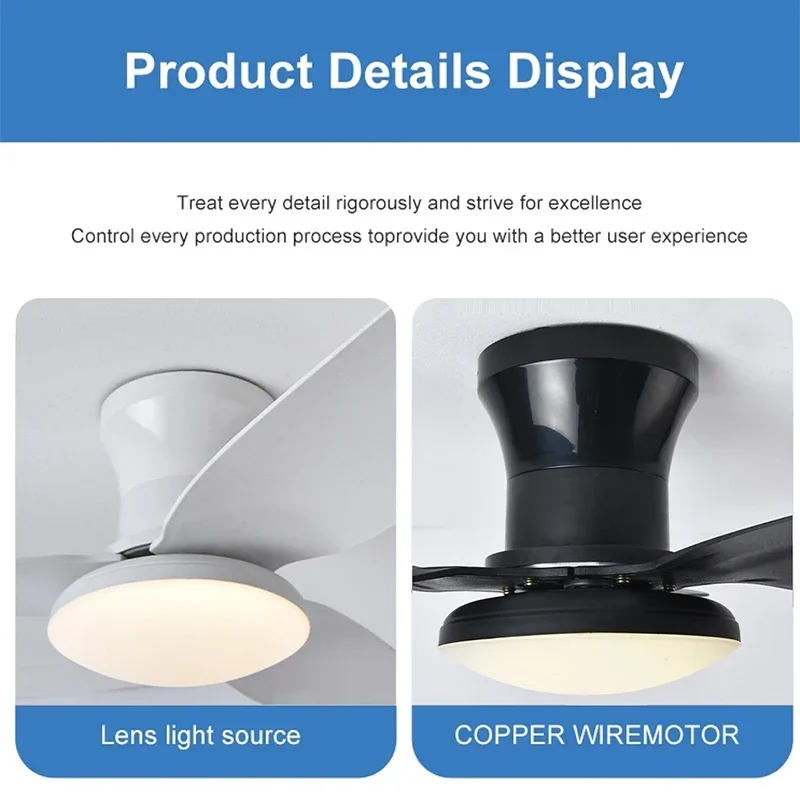 Low Floor Remote Control Bedroom LED Ceiling Fan with Remote Control Light 6-speed Wind 3-blade Adjustable Indoor Ceiling Fan