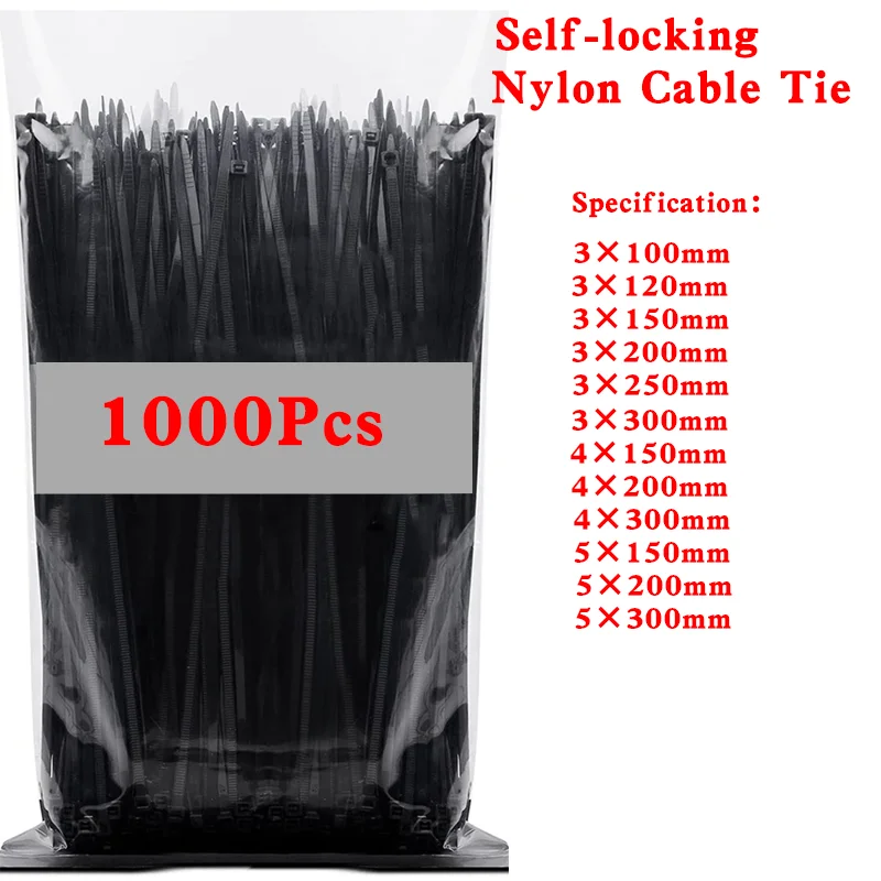 Nylon Cable Ties 1000Pcs Self-locking Plastic White/Black 3*100mm 4*200mm Zip Wraps Strap