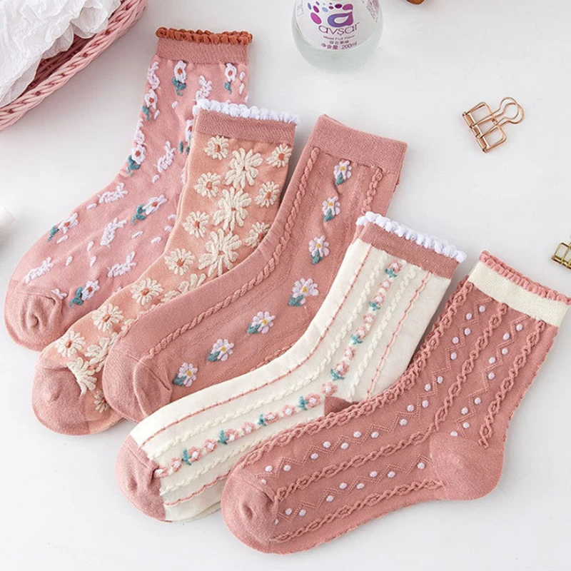 

1/6 Pairs Cute Cotton Socks Fashion Spring Soft Comfortable Harajuku Socks Flower Crew Socks Christmas Gift