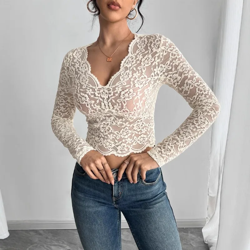 Fashion New Women's V-neck Lace Mesh Semi-transparent Shirt Elegant Women's Embroidery Sexy Solid Color Blouse Causal Top