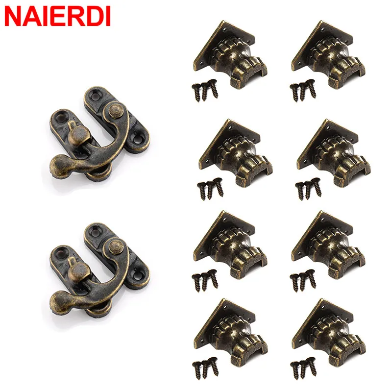 

NAIERDI 8PCS Antique Corner Protector Wood Box Feet Leg Triangle Carved Bracket 2PCS Vintage Latch Hasp Lock Jewelry Storage Box