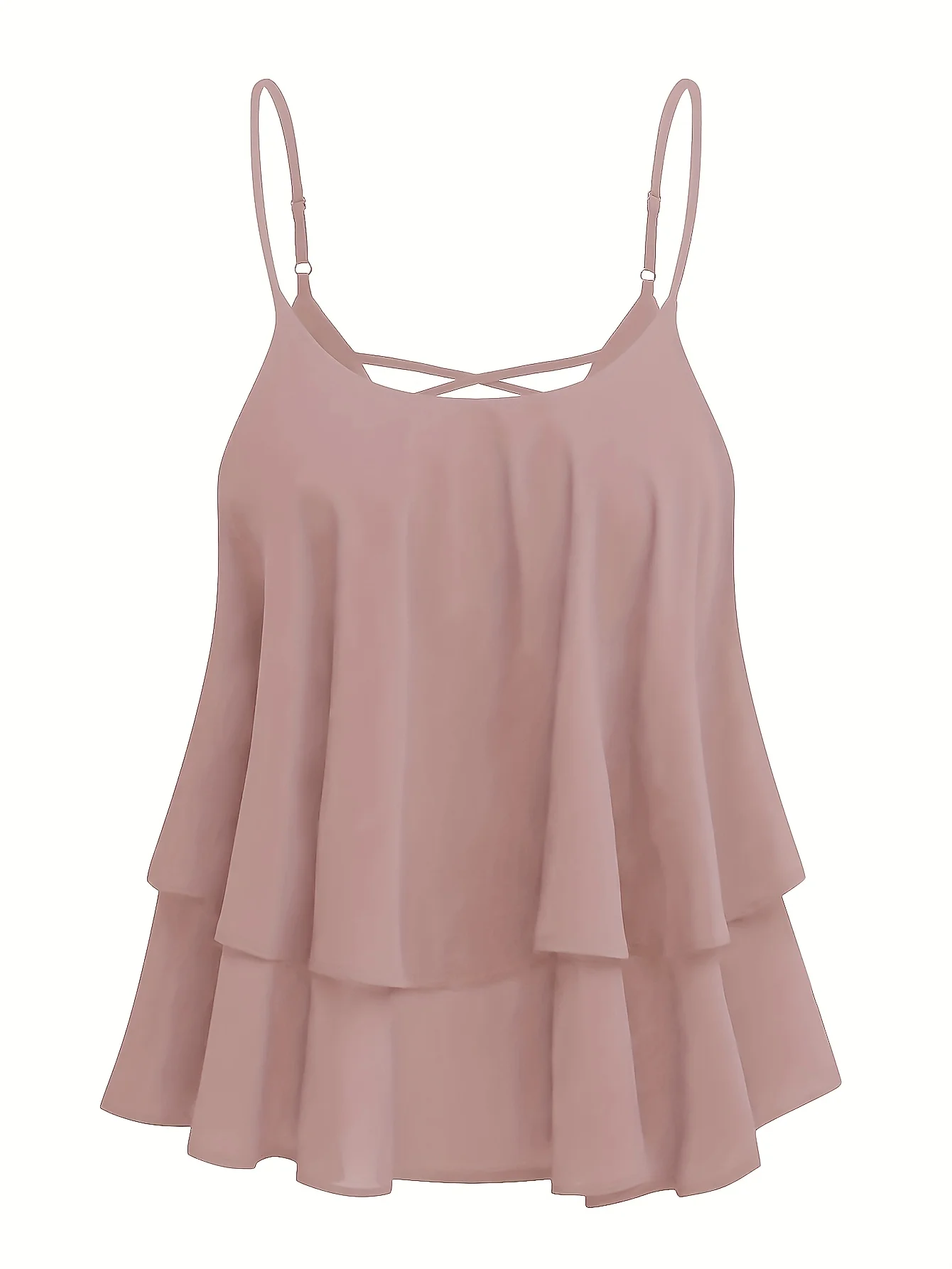 plus Size Ladies Solid Color Chiffon Double Layer Meat Concealing Top with Fine Strap Cross Back Design for Daily Commuting And 2