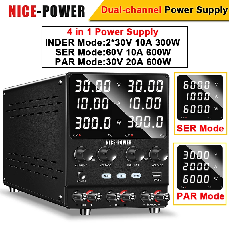 

Dual-channel DC Switching Power Supply 30V 10A 24V 48V 12V Adjustable Source 4 in 1 Lab Voltage Stabilizer SER/PAR/INDEP Output