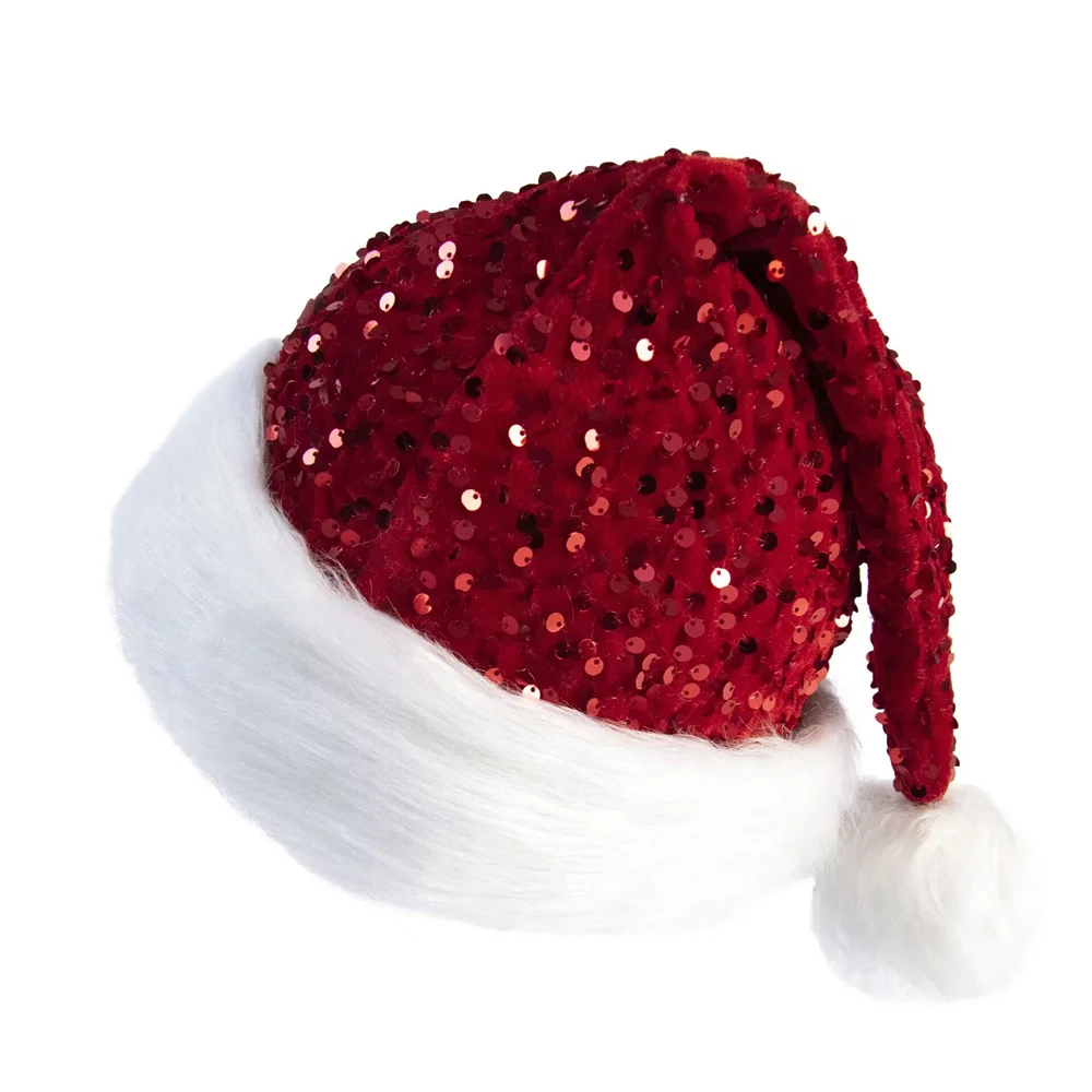 Description Picture 5 of itemSequin Christmas Hat Plush Solid Color Sparkle Santa Claus Hat with Long Fluffy Pompom For Adult Kids Christmas Party Decoration