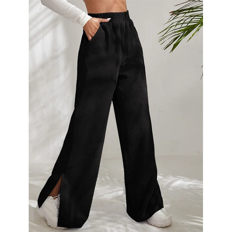 Autumn and Winter Solid Color Elastic High Waist Casual Pants Commuting Pockets Corduroy Spliced Split Hem Trousers for Women