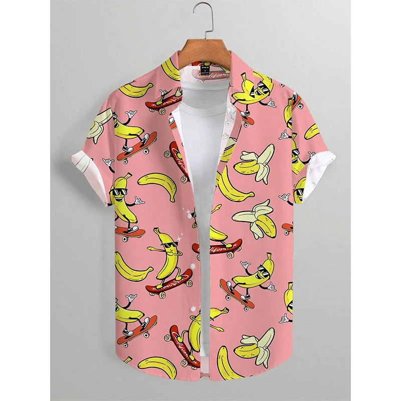 Hawaii Beach Shirt Mens Shirt Lapel Party Shirt Men Casual Street Short Sleeve Fashion Banana Animation Print Casual Short Shirt 2