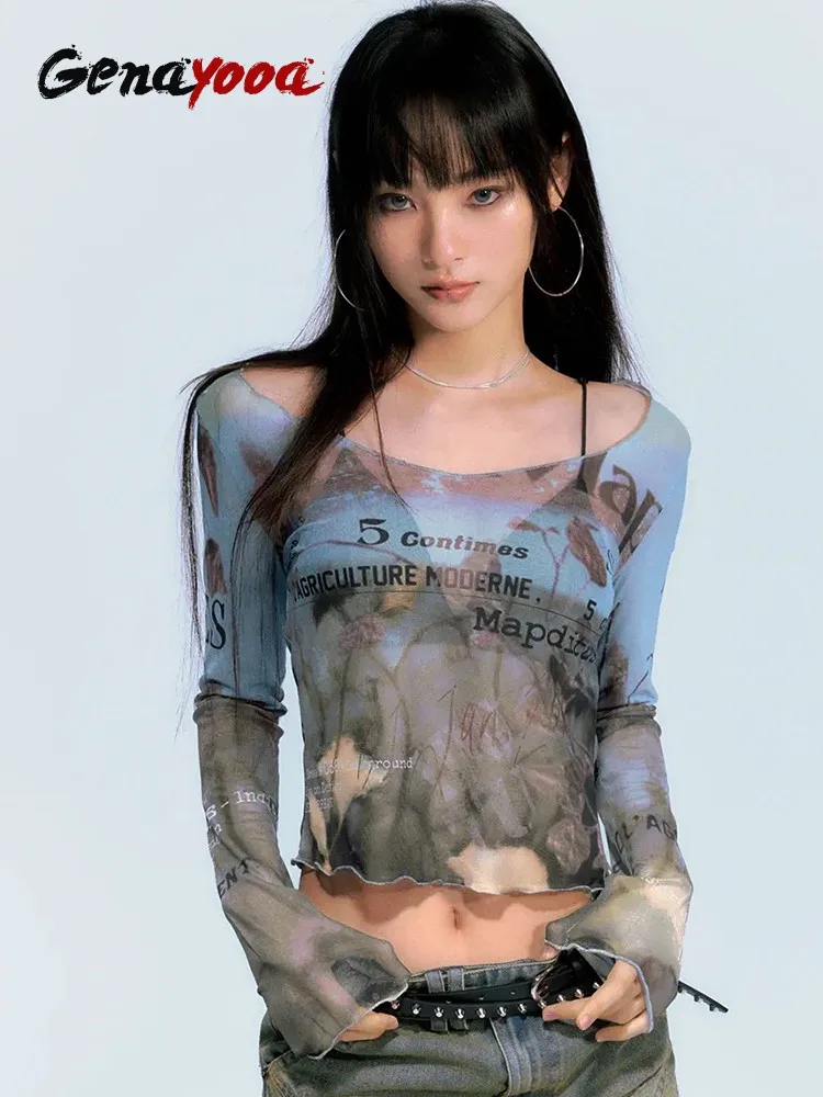 Genayooa Streetwear Print Letter Mesh Tops Langarm durchsichtig Sommer 2000s japanische T-Shirt Frauen Kleidung koreanische Y2k Tops