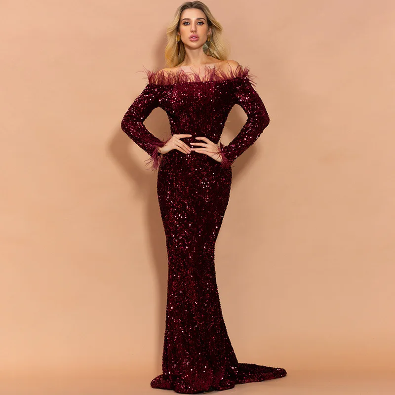 

2023 New European and American Sequins Evening Dress Women's Feather Long Sleeve Banquet Party Long Dress Cocktail Dress