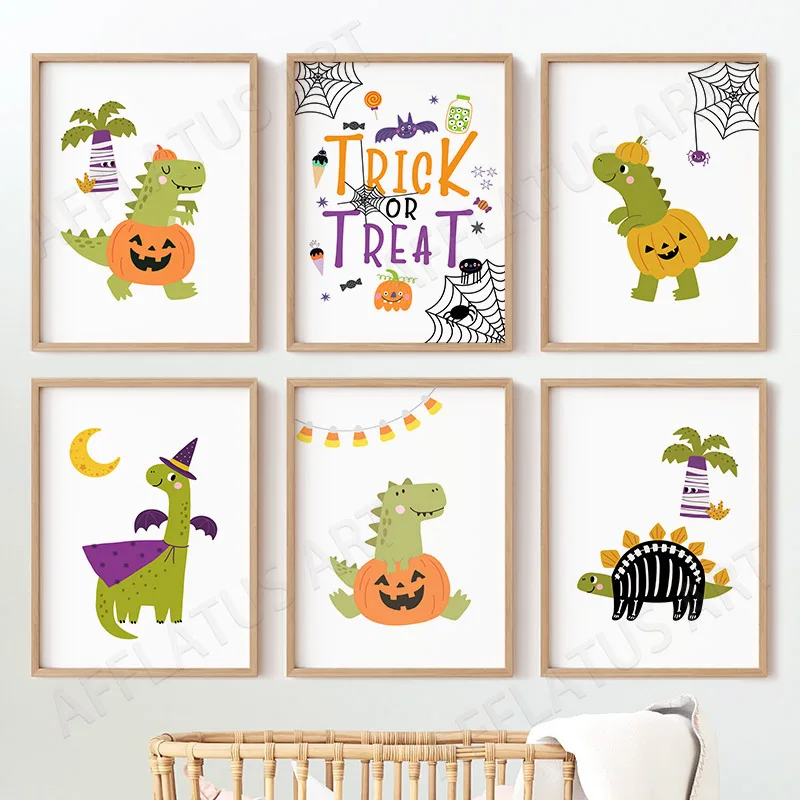 

Cute Cartoon Halloween Dinosaur Pumpkin Palm Nordic Canvas Posters Nursery Pictures Kids Room Decor Wall Art Painting Prints