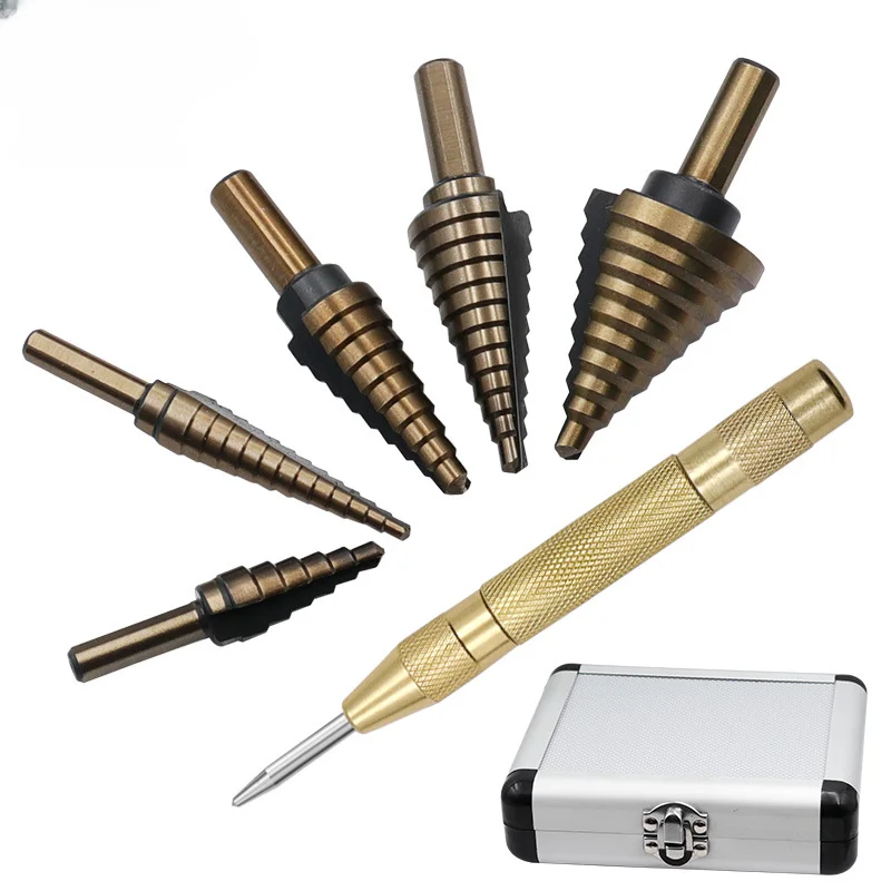 

6PCs British Aluminum Box Step Drill Center Punch Set Pagoda Drill Straight Groove High Speed Steel Bit Reamer Step Drill