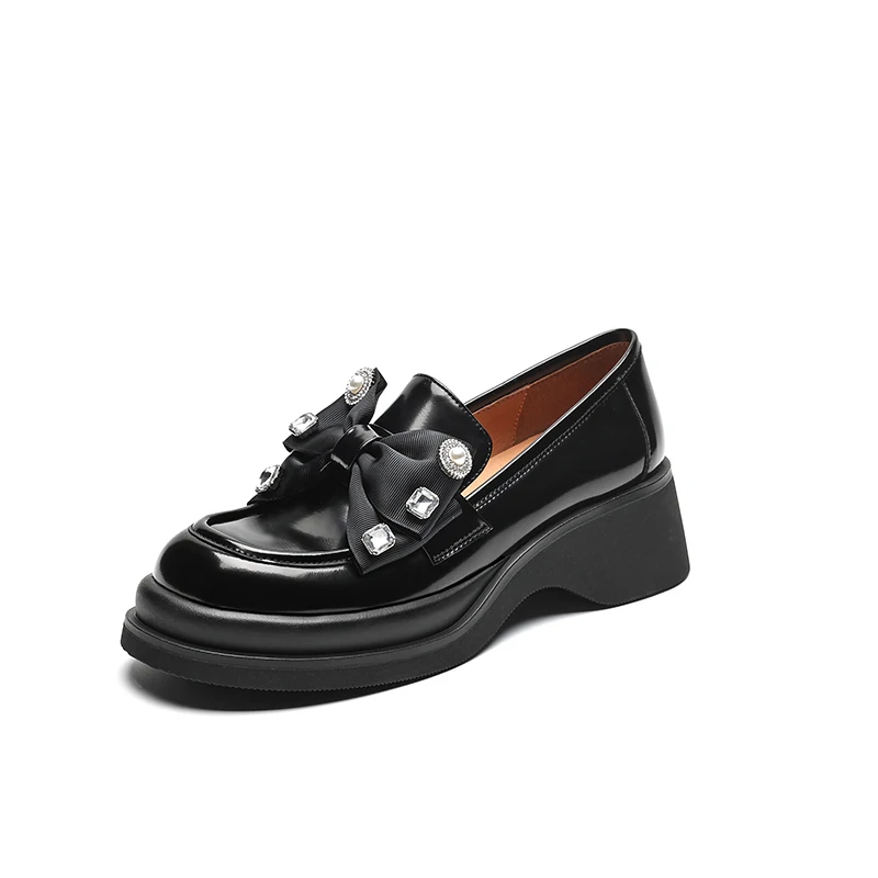 

2023 spring Women pumps natural leather 22-25cm cowhide+pigskin full leather loafers round toe Pearl bow thick heel women shoes