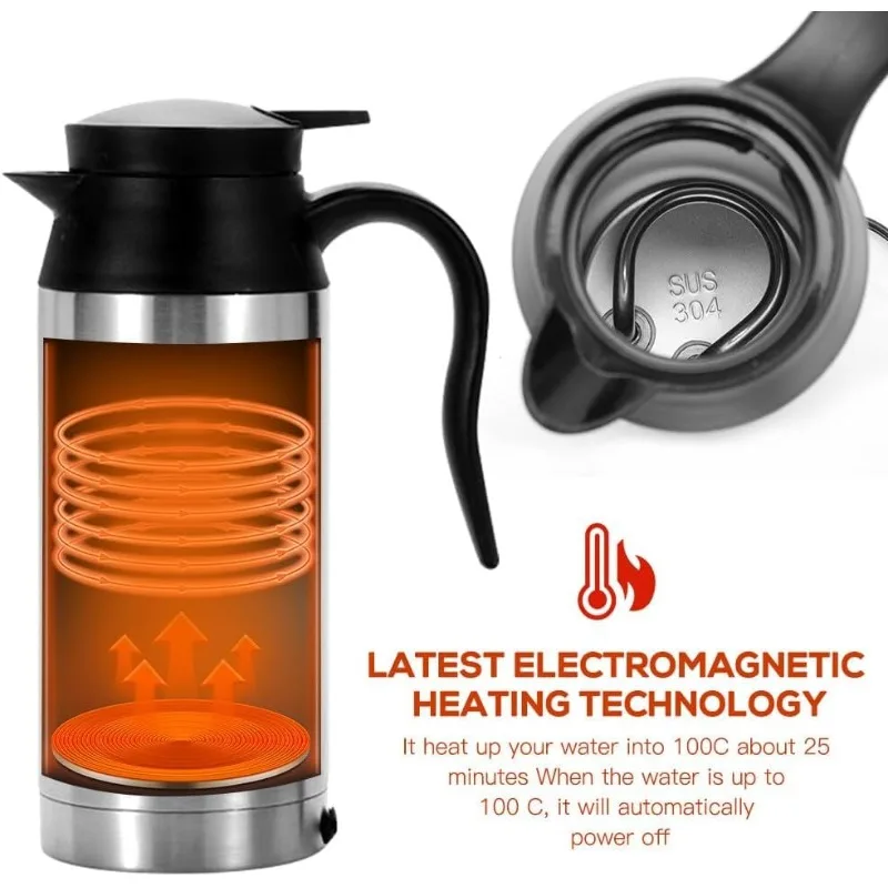 스테인리스 스틸 차량용 주전자 12V 24V 전기 가열 컵 750ML 물 가열기 담배 라이터 플러그 포함 보온병