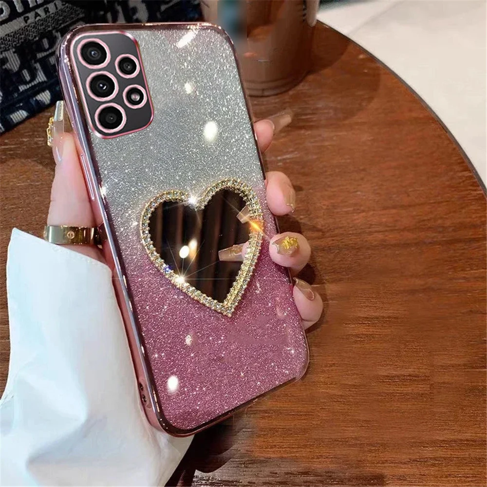 Gradient Glitter Diamond Heart Phone Case with Makeup Mirror Back Cover