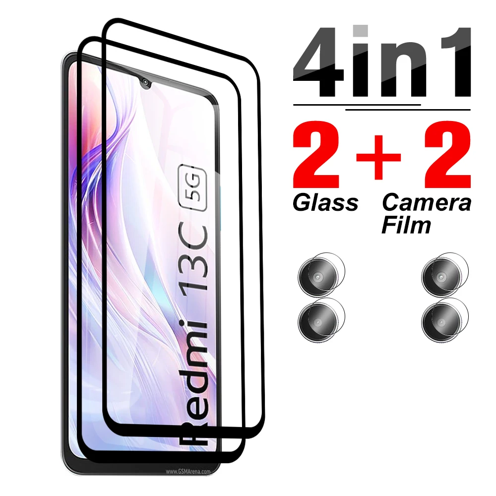 

4 в 1 прозрачное закаленное стекло для Xiaomi Redmi 13C 5G readmi redmy13 C C13 C 13, стекло для камеры 6,74 дюйма, защита экрана с черными краями
