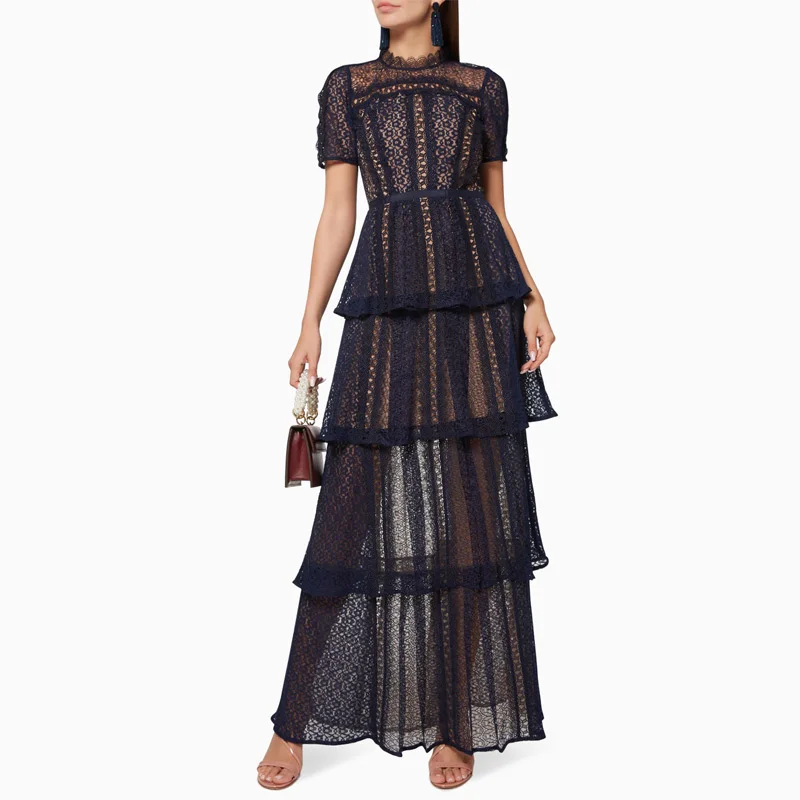 

2022 Summer Women Lace Dress Ruffled Stitching Ladies Hollow Out Long Dress Cake Cascading Layer Short Sleeve Party Vestido Blue