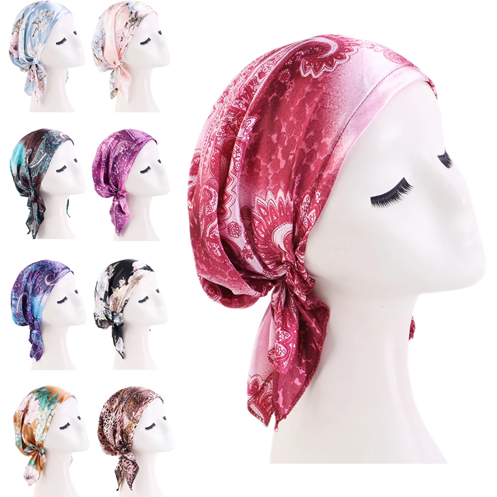 Pre-Tied Satin Print Night Sleep Cap Women Silk Turban Headscarf Wrap Muslim Hijab Hair Loss Chemo Cap Beanies Bonnet Hat Cover