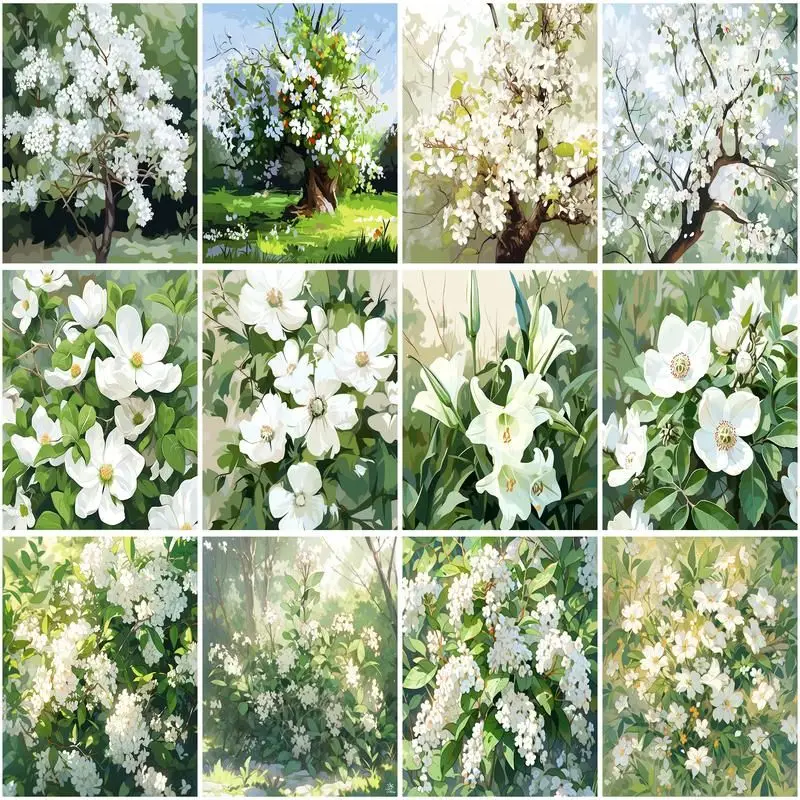 

CHENISTORY Coloring By Number White Flower For Adults Picture By Numbers Spring Scenery Acrylic Paint On Canvas DIY Home Decor