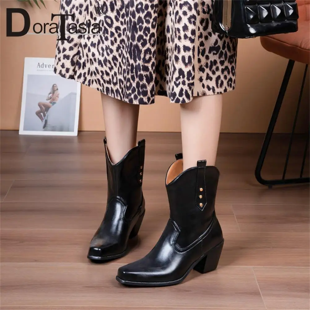 Plus Size 48 Brand New Ladies Pointed Toe Ankle Boots Fashion Slip-on Chunky Heels women's Cowboy Boots Casual Party Woman Shoes