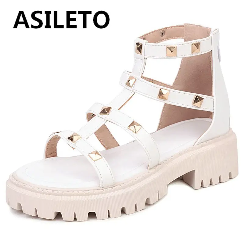 

ASILETO Womens Sandals Open Toe Cover Heels Zipper Metal Decoration Big Size 36-43 Solid Black White Cool Shoes Platform S3929