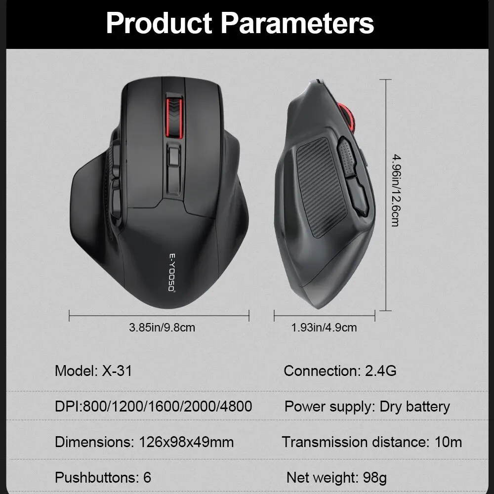 E-YOOSO X-31 USB 2.4G Wireless Gaming Large Mouse for Big Hands PAW3212 4800 DPI 5 Buttons for Gamer Mice Computer Laptop PC — view 6