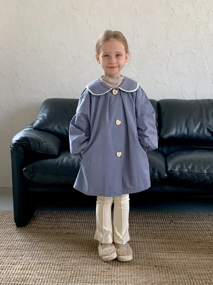 Trench Girls Autumn Coat New Children Clothing Baby Doll Collar Loose Fitting Middle Length Windbreaker Turn Down Collar