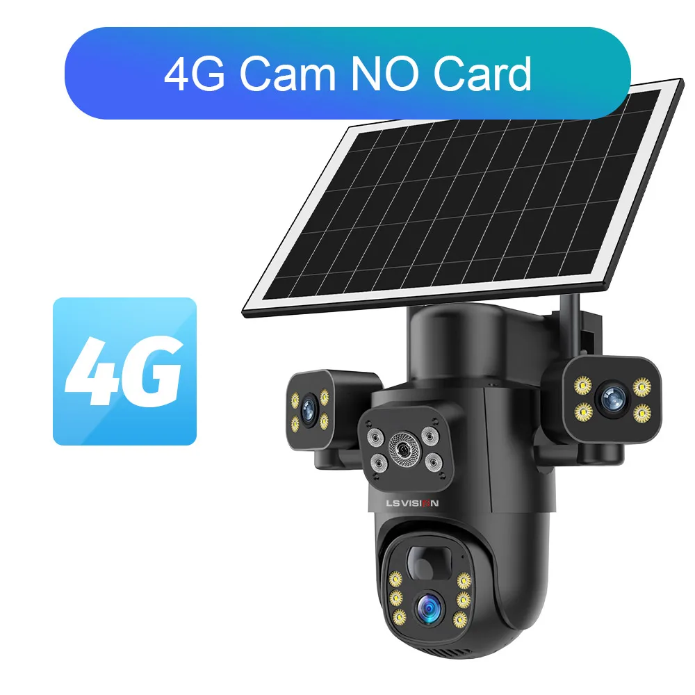 LS VISION 15MP ثلاثة شاشات 4G كاميرا تعمل بالطاقة الشمسية في الهواء الطلق واي فاي PTZ 10X التكبير الرقمي PIR كشف السيارات تتبع كاميرات الدوائر التلفزيونية المغلقة V380 Pro