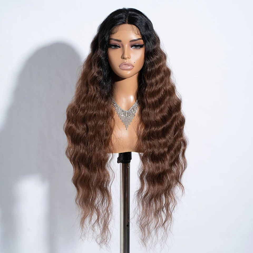 ELEMENT T Parte Parrucche Sintetiche Anteriori In Pizzo Ombre Radice Scura A Bionda Parrucca Ondulata Riccia Per Feste Quotidiane Per Donne Donna Uso Naturale - Foto 9