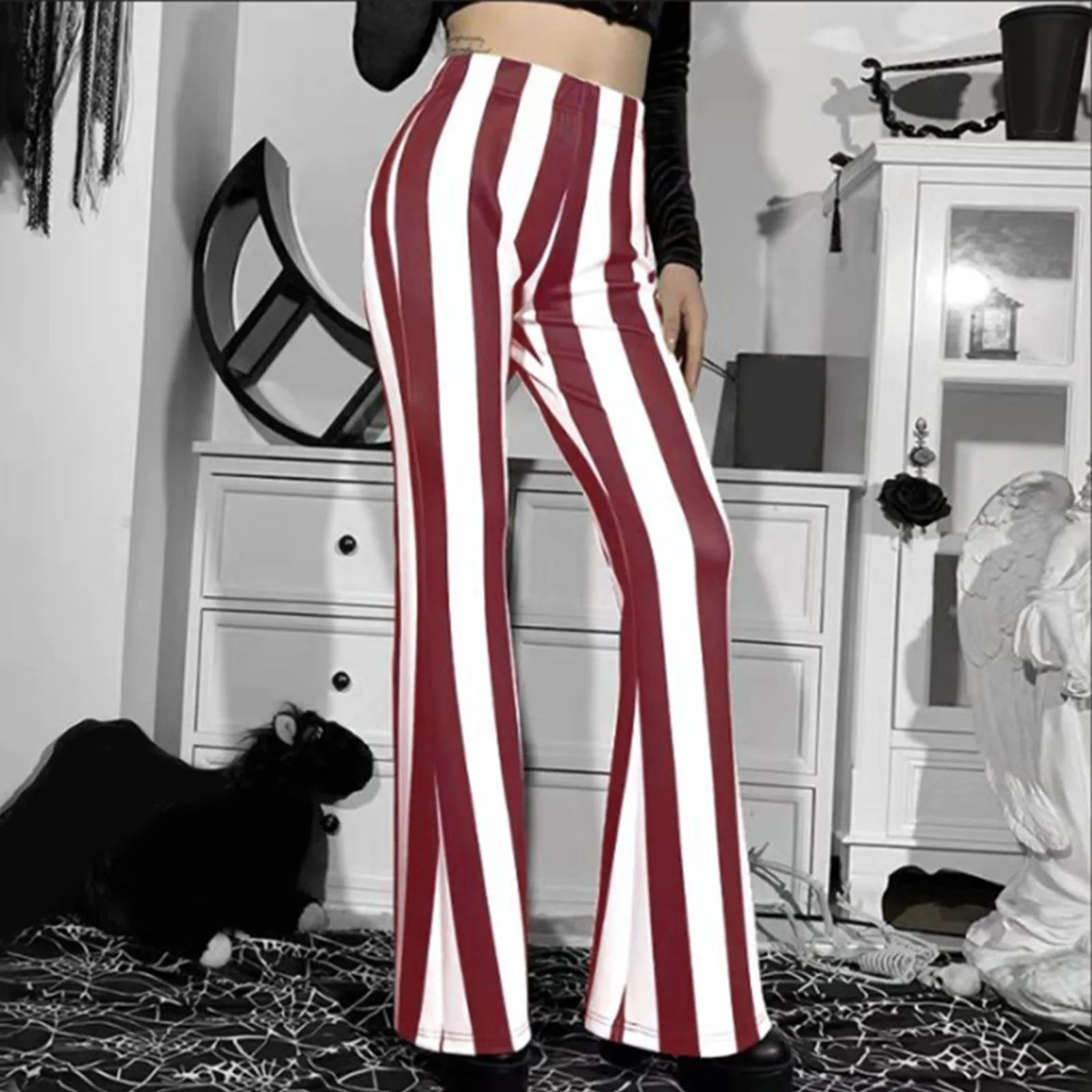 

Women's Sexy Slim Fit Flared Trousers Fashion High Waist Striped Printed Pants Large Size Casual Wide Leg Draped Trouser