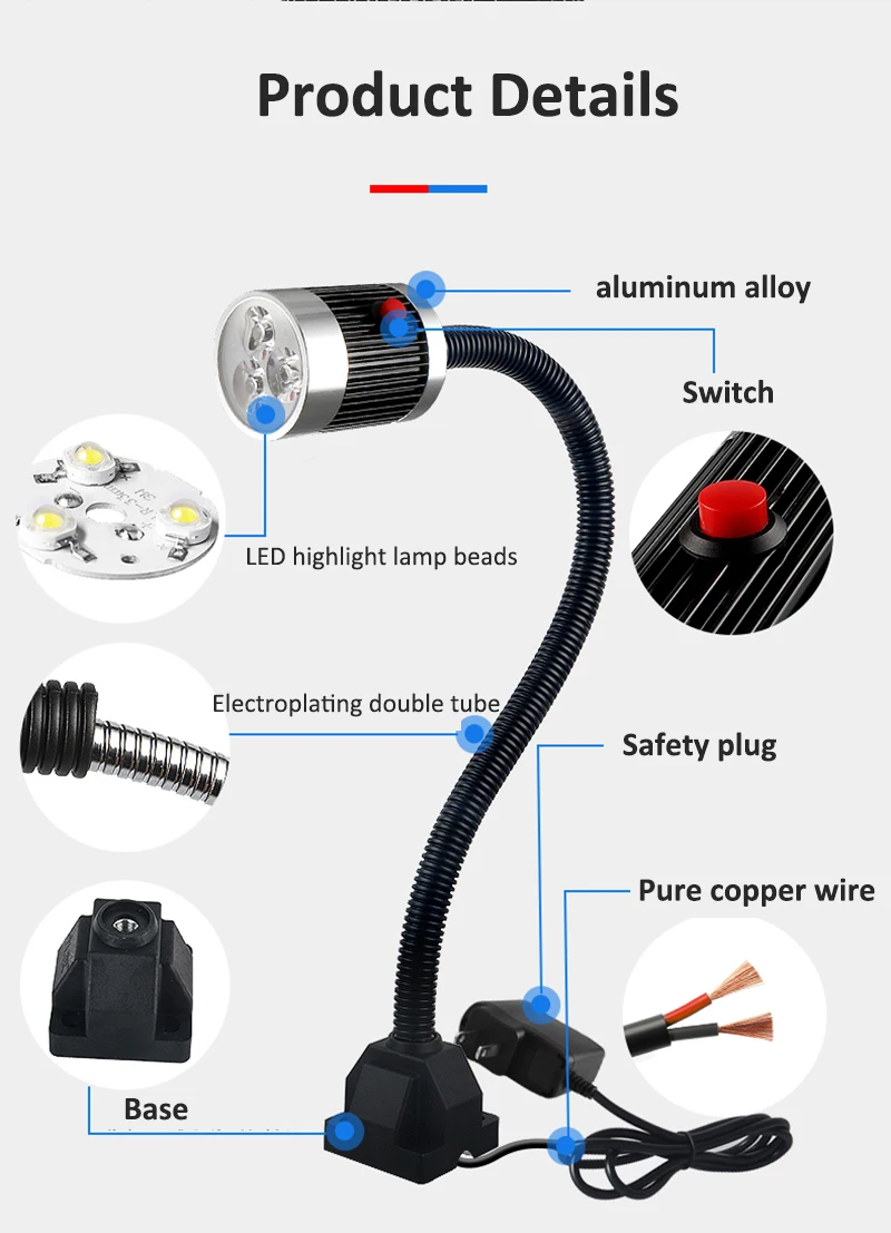 LED Machine Work Lamp 24V/220V 9W LED Lighting with 50cm For Industrial Machine CNC Milling Light Workshop Lighting