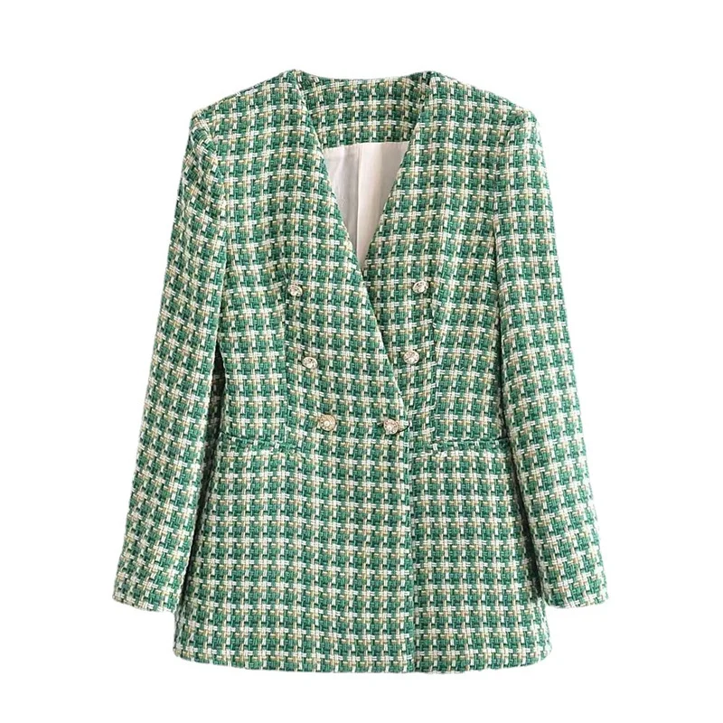 

2023 Fashion Tweed Plaid Suit Jacket Women Woolen Blazers Coat Spring Autumn Double-breasted Tops Ladies Green Casual Outerwear