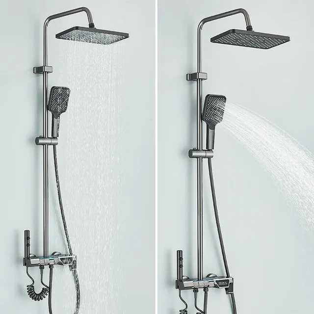 ชุดก๊อกน้ำฝักบัวห้องน้ำสีเทาจอแสดงผลดิจิตอลอัจฉริยะสไตล์เปียโนระบบฝนตกก๊อกผสมพร้อมบิเดต์/ฝักบัวมือ 2