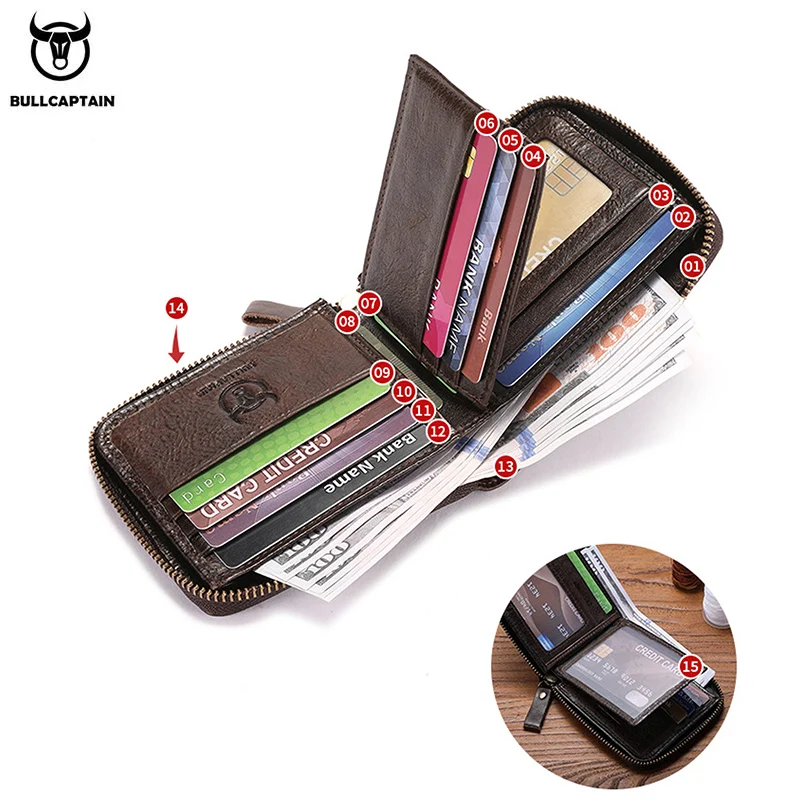 Bullcaptain Retro RFID Anti-Theft Leather Men's Wallet with Zipper Compartment and Credit Card Holder