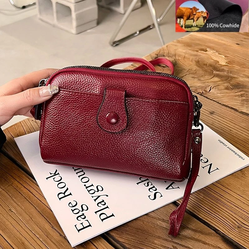 

Women Handbag Pure Cowhide Double Layer Zipper Shoulder Bag Lady Soft Genuine Leather Messenger Bag Fashion Trend Crossbody Bag